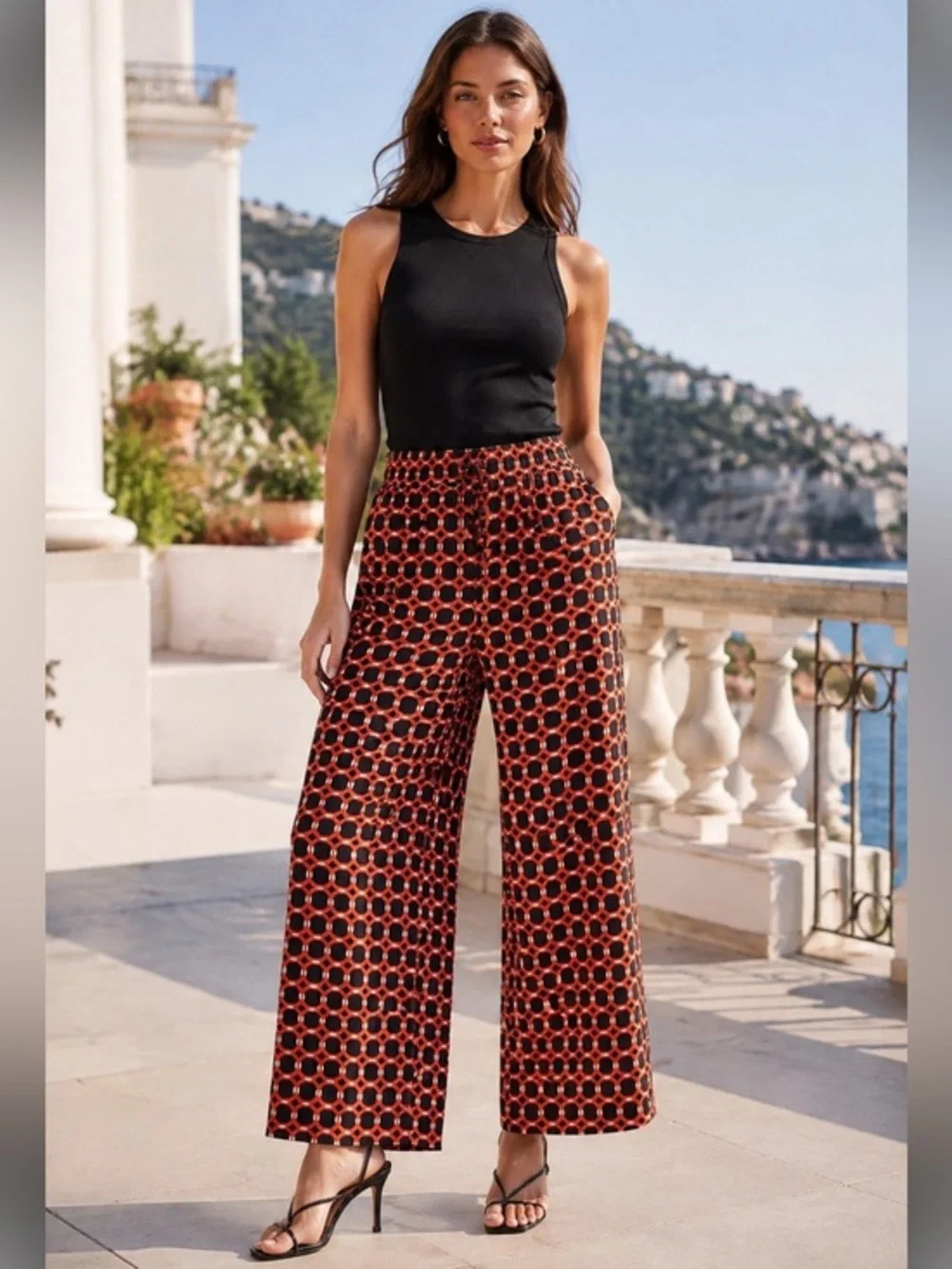 Michael Kors Red Black Geometric Wide Leg Palazzo Pants Drawstring Waist Size 2